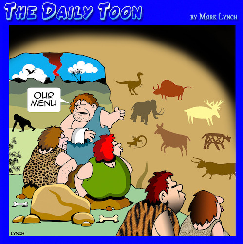 Cartoon: Menu (medium) by toons tagged carnivores,menu,caveman,restaurant,neanderthals,carnivores,menu,caveman,restaurant,neanderthals
