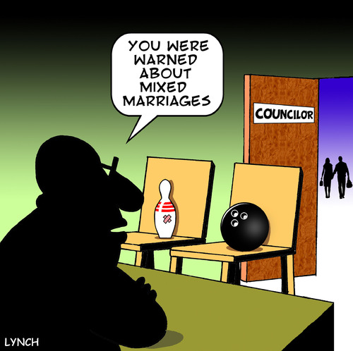 Cartoon: mixed marriage (medium) by toons tagged love,councelling,couples,violence,pin,ten,bowling,heartbreak,mixed,marriage,councilors,relationship,divorce,domestic
