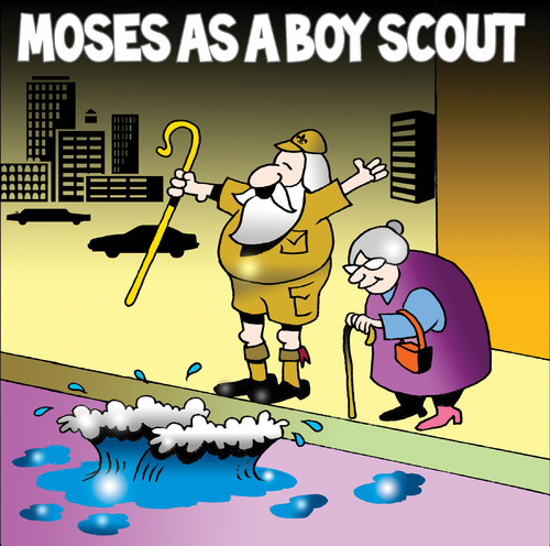 Cartoon: Moses as a boy scout (medium) by toons tagged moses,boy,scouts,good,deeds,god,red,sea,staff,older,people,traffic,city,buildings