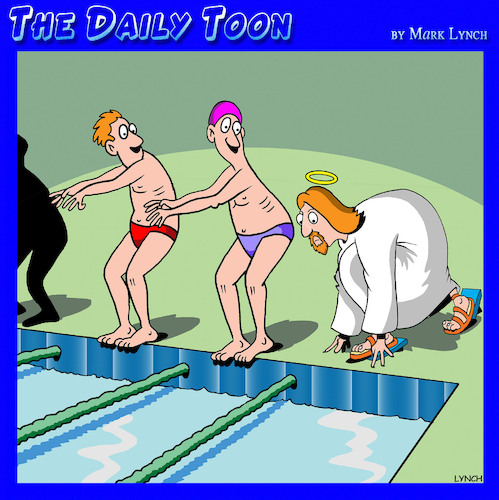 Cartoon: Olympic swimming (medium) by toons tagged walks,on,water,jesus,swimming,meet,events,walks,on,water,jesus,swimming,meet,events