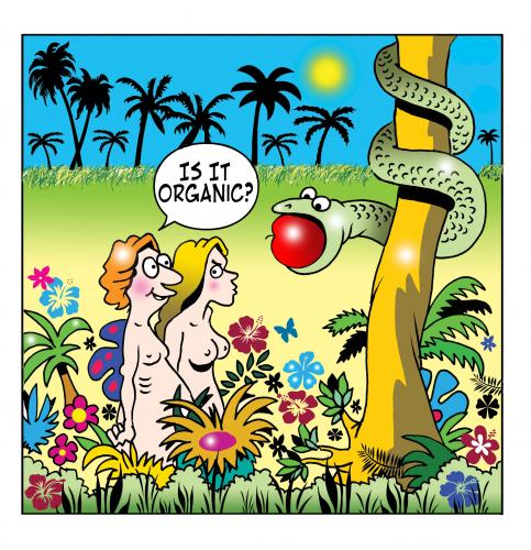 Cartoon: organic (medium) by toons tagged organic,foods,genetically,modified,food,gm,adam,and,eve,garden,of,eden,apples,serpent,snake,bible