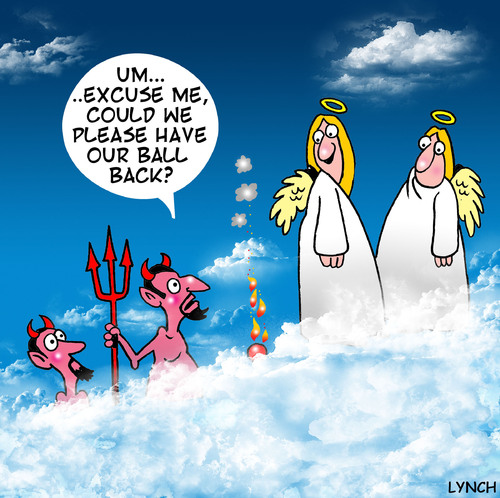 Cartoon: our ball back (medium) by toons tagged religion,heaven,hell,god,angels,sport,ball,games
