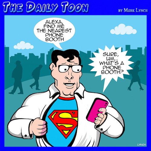 Cartoon: Phone booth (medium) by toons tagged superman,clark,kent,superhero,siri,smart,phone,gps,superman,clark,kent,superhero,siri,smart,phone,gps