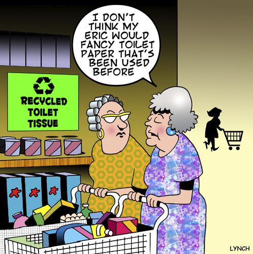 Cartoon: recycled toilet paper (medium) by toons tagged recycling,environment,ecology,supermarket,recycled,toilet,paper,sales,shopping,trolley,renewable,energy