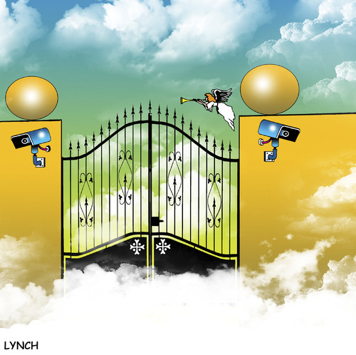 Cartoon: security cameras (medium) by toons tagged security,camera,heaven,god,christ,hell,angels,burglar,safety,religion