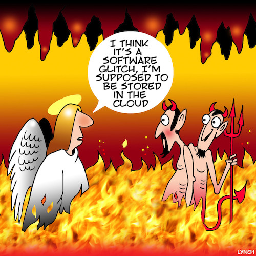 Cartoon: Software glitch (medium) by toons tagged hell,devil,software,glitch,cloud,storage,misunderstanding,afterlife