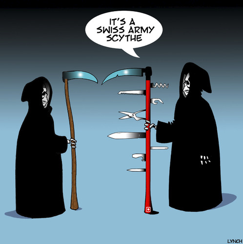 Cartoon: Swiss army scythe (medium) by toons tagged scythe,swiss,army,knife,angel,of,death,apocolypse,knives,scythe,swiss,army,knife,angel,of,death,apocolypse,knives