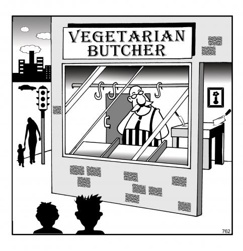 Cartoon: The vegetarian butcher (medium) by toons tagged vegetarian,meat,beef,cows,butchers,sales,food