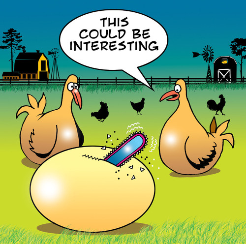 Cartoon: This could be interesting (medium) by toons tagged eggs,chickens,farms,hens,tools,hatching,chainsaw,farmer,farm,animals,birth,motherhood