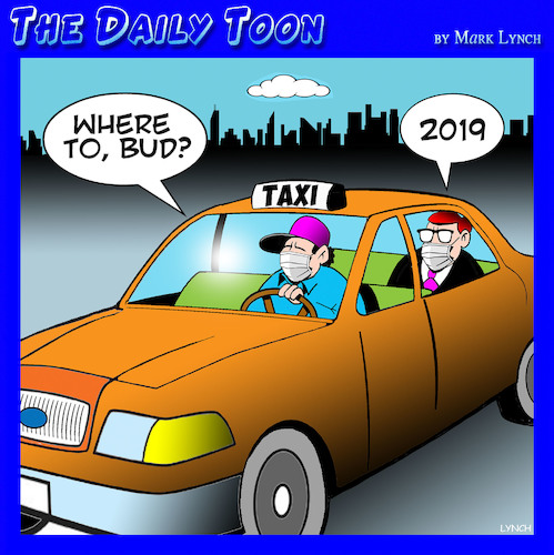 Cartoon: Time travel (medium) by toons tagged covid,face,masks,taxis,time,travel,2019,covid,face,masks,taxis,time,travel,2019