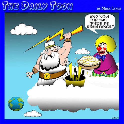 Cartoon: Zeus (medium) by toons tagged pie,in,the,face,zeus,clowns,lightning,bolts,pie,in,the,face,zeus,clowns,lightning,bolts