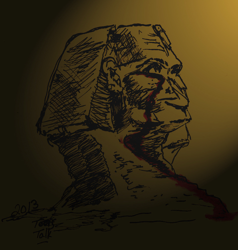 Cartoon: The Witness (medium) by Toonstalk tagged sphinx,egypt,change,violence,witness,sacrifice,will,survival,history,blood,killing,political,mankind,solutions