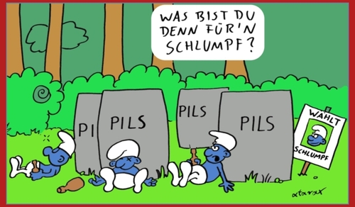 Cartoon: schlumpfende Schlumpfe Schlumpf! (medium) by tiefenbewohner tagged schlumpf,schlumpfen,schlümpfe,blau,smartphone,app,wald,handy,übersetzung,wörterbuch,bier