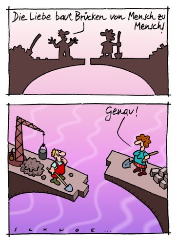 Cartoon: BrückenBau (medium) by schwoe tagged brücke,beziehung,liebe,distanz,beziehungsarbeit,scheitern
