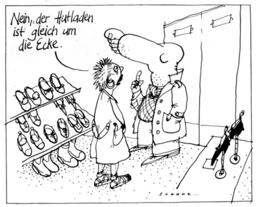 Cartoon: Hutladen (medium) by schwoe tagged laden,hut,fuß,schuh,schuhgeschäft,auswahl,lehrling,bedienung