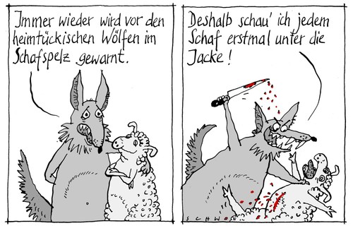 Cartoon: Misstrauen (medium) by schwoe tagged wolf,schaf,schafspelz,misstrauen,hinterlist
