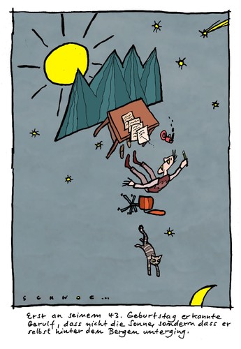 Cartoon: Sonnenuntergang (medium) by schwoe tagged sonnenuntergang,rotation,kopernikus,galilei,geozentrismus,universum