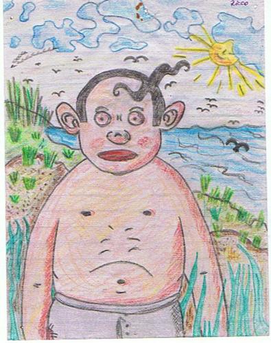 Cartoon: OLD STUFF 1993 - A  Male Sexbomb (medium) by RnRicco tagged sketch,ricco,old,stuff,holiday,thailand,sea,water,sun,man,sexbomb,bomb,fat,dune,beach