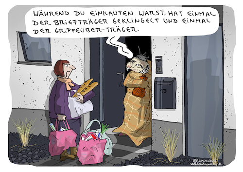 Cartoon: Grippe (medium) by H Mercker tagged paar,ehepaar,grippe,grippewelle,klingeln,krankheitserreger,krankheit,viren,winter,tür,cartoon,aktuell,mercker,influenza,paar,ehepaar,grippe,grippewelle,klingeln,krankheitserreger,krankheit,viren,winter,tür,cartoon,aktuell,mercker,influenza