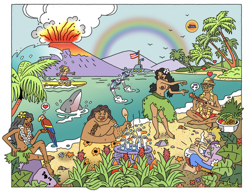 Cartoon: Aloha Feeling! (medium) by piro tagged island,surfing,volcano,beach,girls,hawaii