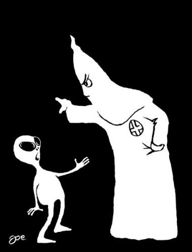 Cartoon: Strangers in the night (medium) by bekesijoe tagged cartoon,,rassismus,kkk,kuklux klan,usa,amerika,alien,ausserirdischer,ufo,weltall,weltraum,intoleranz,unruhe,akzeptanz