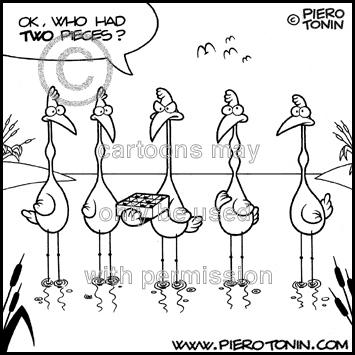 Cartoon: Two pieces (medium) by Piero Tonin tagged animals,animal,birds,bird,cranes,tonin,piero,pond,ponds,candies