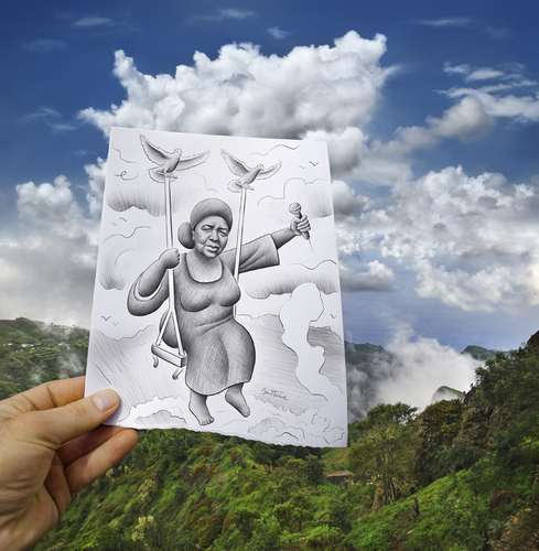 Cartoon: 5 - Pencil Vs Camera for AOC (medium) by BenHeine tagged capvert,island,mountain,culture,portuguese,fado,morna,blues,blue,oiseau,bird,colombe,dove,nuage,cloudy,cloud,micro,afrique,africa,music,song,singer,photography,drawing,art,vert,cap,verde,cape,benheine,heine,ben,camera,vs,pencil,evora,cesaria