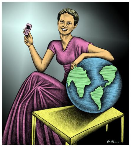 Cartoon: Be connected (medium) by BenHeine tagged blog,cell,phones,communication,cyber,activism,demologue,demosphere,society,edemocracy,globalization,interview,mary,joyce,north,zapboom,democracy,divide,south,mobile,phone,world,earth,continent,ben,heine,portrait,