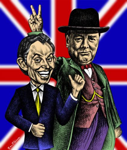 Cartoon: Tony and Winston (medium) by BenHeine tagged tonyblair,winstonchurchill,england,greatbritain,uk,politics,british,politicians,caricature,drjekyll,mrhide,hat,office,politisch,realpolitik,