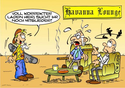 Cartoon: Havanna Lounge (medium) by cwtoons tagged zigarre,havanna,raucher,club,lounge,greise,junge,ratte,ipod,handy