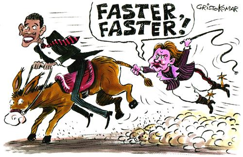 Cartoon: Democratic Presidential Race (medium) by Christo Komarnitski tagged usa,democratic,presidential,race,hillary,clinton,obama
