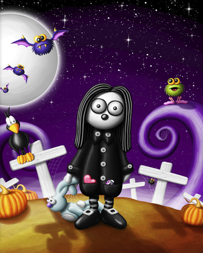 Cartoon: Jennifer (medium) by SuperSillyStudios tagged creepy,halloween,spooky,jennifer,zombie,pumpkin,cross,moon,bat,bunny