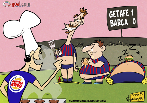 Cartoon: Barcelona and Burger King (medium) by omomani tagged argentina,barcelona,burger,king,getafe,la,liga,luis,garcia,plaza,messi,pique,spain