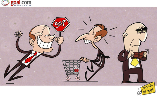 Cartoon: Berlusconi vetoes AC Milan summe (medium) by omomani tagged ac,milan,berlusconi,galliani,massimiliano,allegri