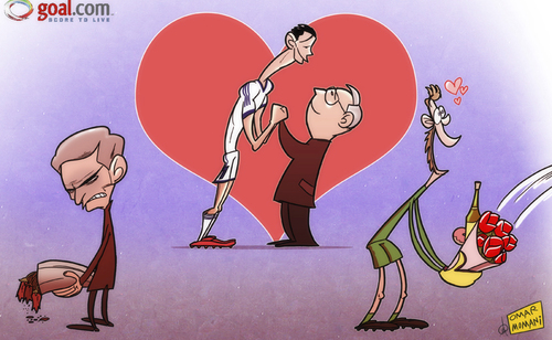 Cartoon: Bernabeu love (medium) by omomani tagged champions,league,cristiano,ronaldo,de,gea,ferguson,love,manchester,united,mourinho,real,madrid