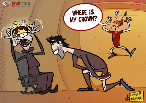 Cartoon: Buffon the savior n Tottis Crown (medium) by omomani tagged buffon,italy,juventus,la,vecchia,signora,roma,serie,totti