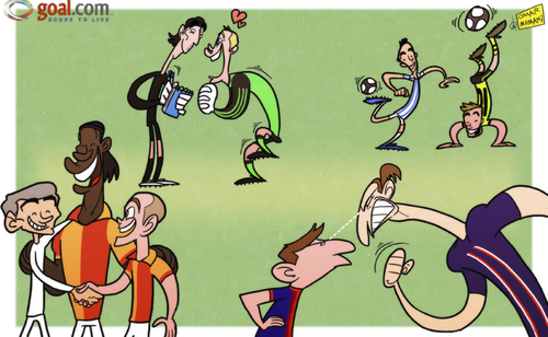 Cartoon: Champions League elite (medium) by omomani tagged barcelona,bayern,munich,buffon,champions,league,dortmund,drogba,galatasaray,gotze,ibrahimovic,isco,juventus,malaga,messi,mourinho,neuer,paris,saint,germain,real,madrid,sneijder