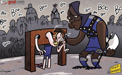 Cartoon: Chelsea boo-boys call for Torres (medium) by omomani tagged chelsea,demba,ba,executioner,league,cup,torres