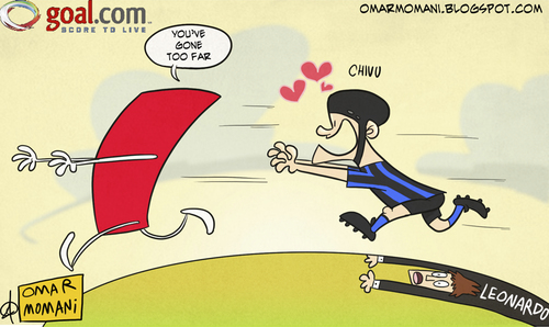 Cartoon: Chivus Love (medium) by omomani tagged chivu,leonardo,inter,milan,serie,italy,romania,brazil,red,card,football