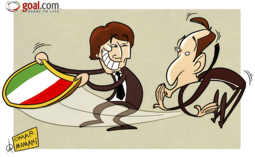 Cartoon: Conte snatches Scudetto shield (medium) by omomani tagged ac,milan,antonio,conte,italy,juventus,massimiliano,allegri,serie