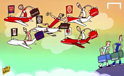 Cartoon: Done Deals (medium) by omomani tagged ac,milan,adel,taarabt,arsenal,dimitar,berbatov,dnipro,fulham,julian,draxler,juventus,kim,kallstrom,kostas,mitroglou,monaco,olympiakos,osvaldo,schalke,southampton,spartak,moscow,yevhen,konoplyanka