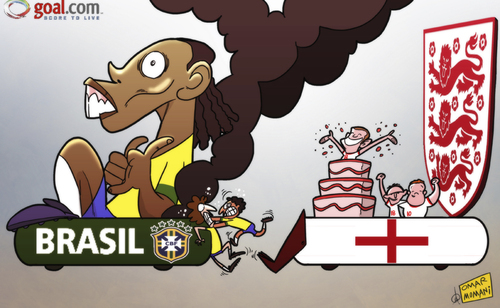 Cartoon: England Wembley win (medium) by omomani tagged brazil,david,luiz,england,fred,jack,wilshere,lampard,ronaldinho,rooney