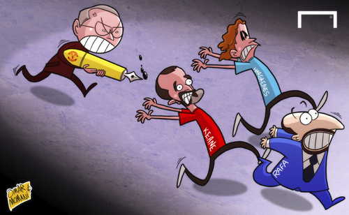 Cartoon: Ferguson pen (medium) by omomani tagged ferguson,hargreaves,manchester,united,rafael,benitez,roy,keane