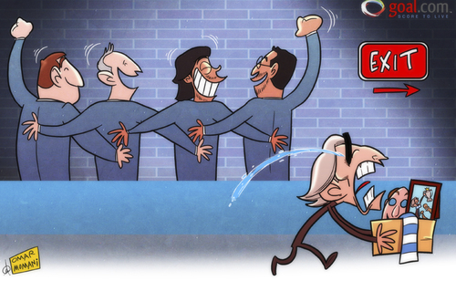 Cartoon: Mancini leaves (medium) by omomani tagged david,platt,ferran,soriano,khaldoon,al,mubarak,manchester,city,mancini,poznan,sheikh,mansour,txiki,begiristain