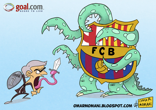 Cartoon: Mourinho vs Barcelona (medium) by omomani tagged portugal,spain,liga,la,football,cartoon,madrid,real,barcelona,mourinho