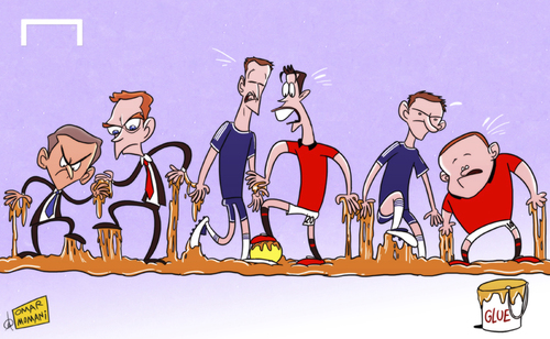 Cartoon: Nothing separates MU and Chelsea (medium) by omomani tagged chelsea,john,terry,lampard,manchester,united,mourinho,moyes,premier,league,rooney,van,persie