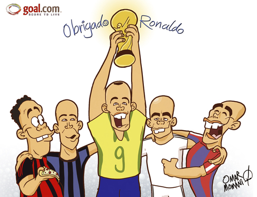 Cartoon: Obrigado Ronaldo (medium) by omomani tagged ronaldo,barcelona,inter,real,madrid,ac,milan
