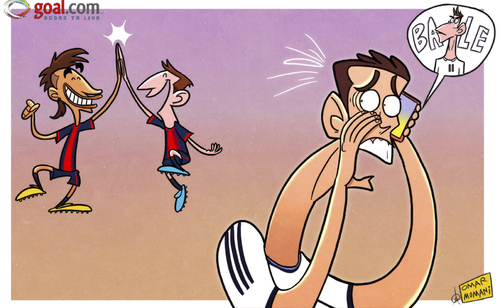 Cartoon: Ronaldo calls in Bale (medium) by omomani tagged barcelona,cristiano,ronaldo,gareth,bale,messi,neymar,real,madrid