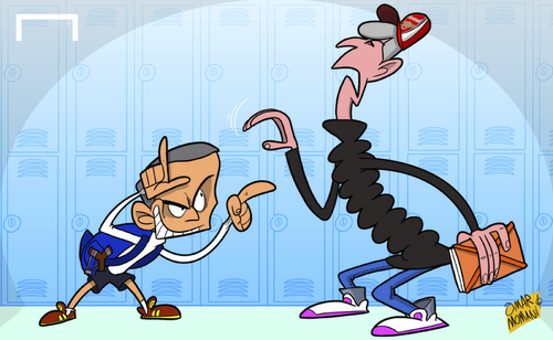 Cartoon: School bully Mourinho (medium) by omomani tagged arsenal,chelsea,mourinho,wenger