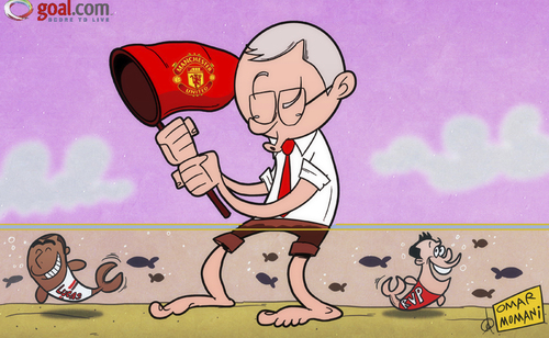 Cartoon: Sir Alex keeps fishing (medium) by omomani tagged arsenal,ferguson,lucas,manchester,united,sao,paolo,van,persie